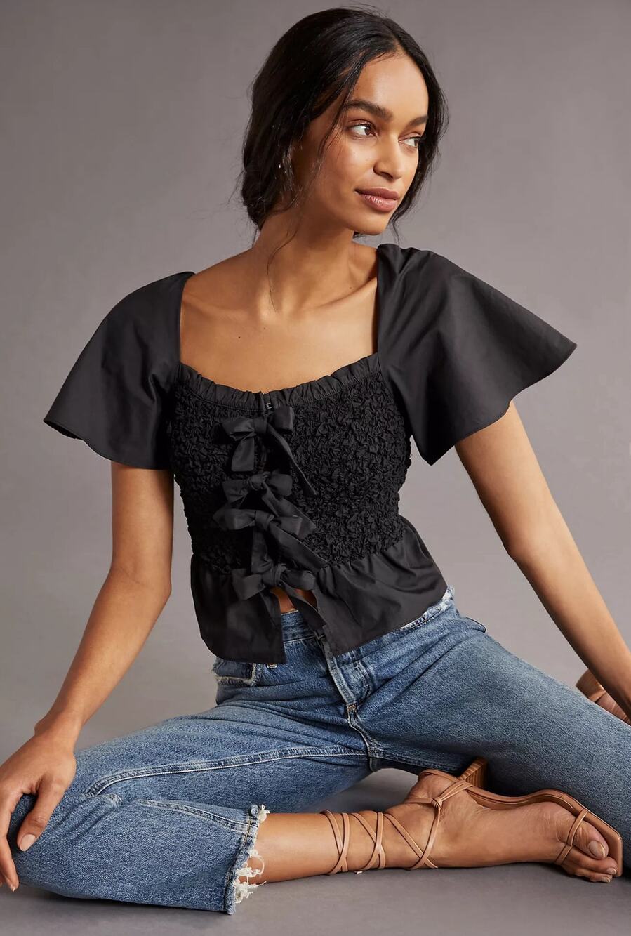 Anthropologie Mare Mare Womens Small Black Smocked Ruffle Short Sleeve Blouse